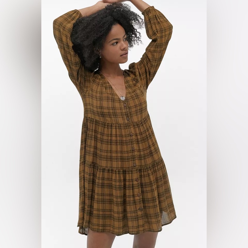 Urban Outfitters Pea Green Plaid Babydoll Long Sleeve Top XS